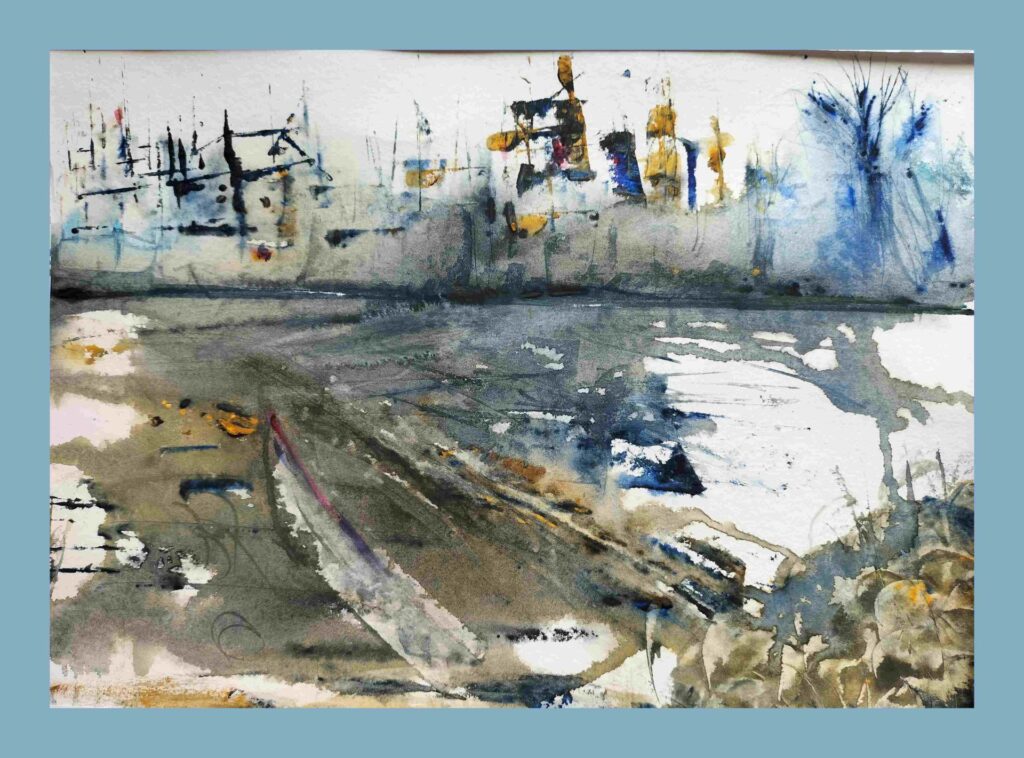impressionist painting of ships in harbour