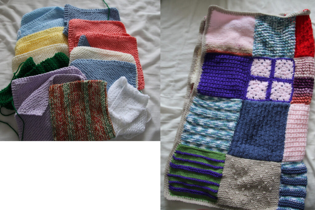 knitted squares and blanket made up of squares